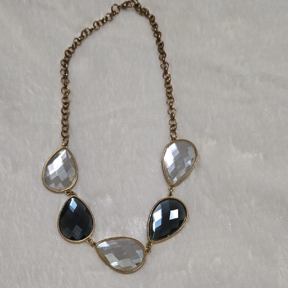Gold-Frame Teardrop Statement Necklace with Black and Clear Stones